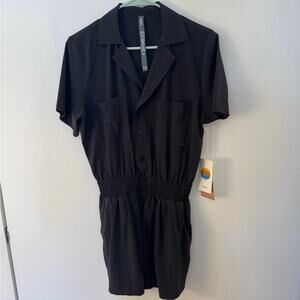 NWT Vuori Villa Romper S Black Collared Button Front Athleisure Lounge